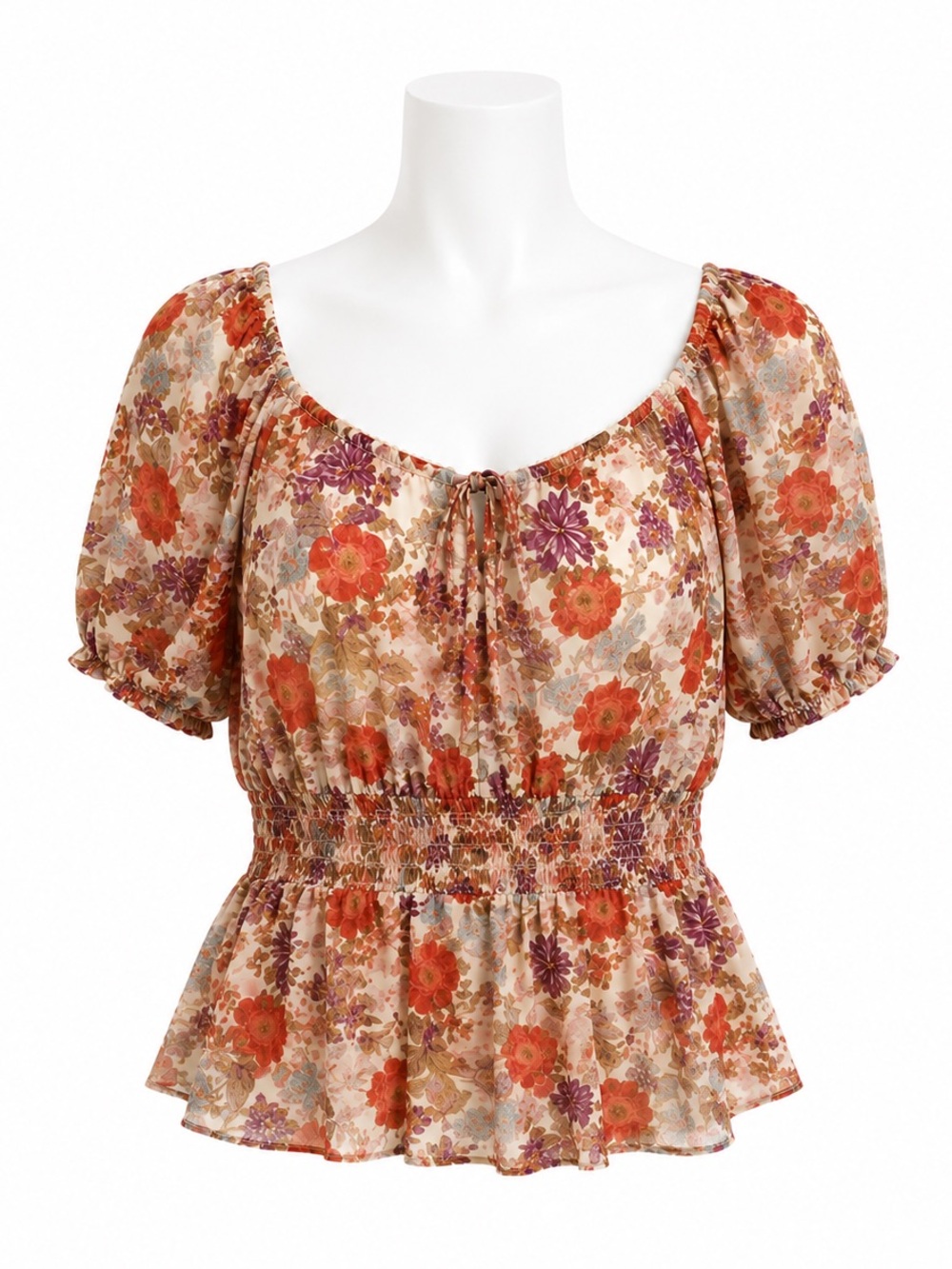 Size 3 Torrid Georgette Eyelet Smocked Waist‎ Puff Sleeve Top Floral Black